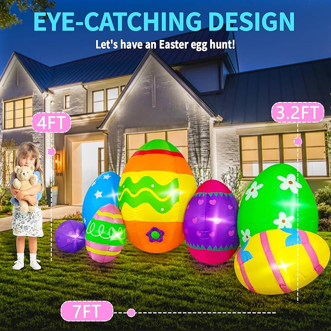 7FT Easter Inflatables Outdoor Decorations Giant Easter Eggs, Bright LED Lights Colorful Easter Blow Up Decor for Yard Indoor Outside Party Home Lawn Garden Porch Holiday