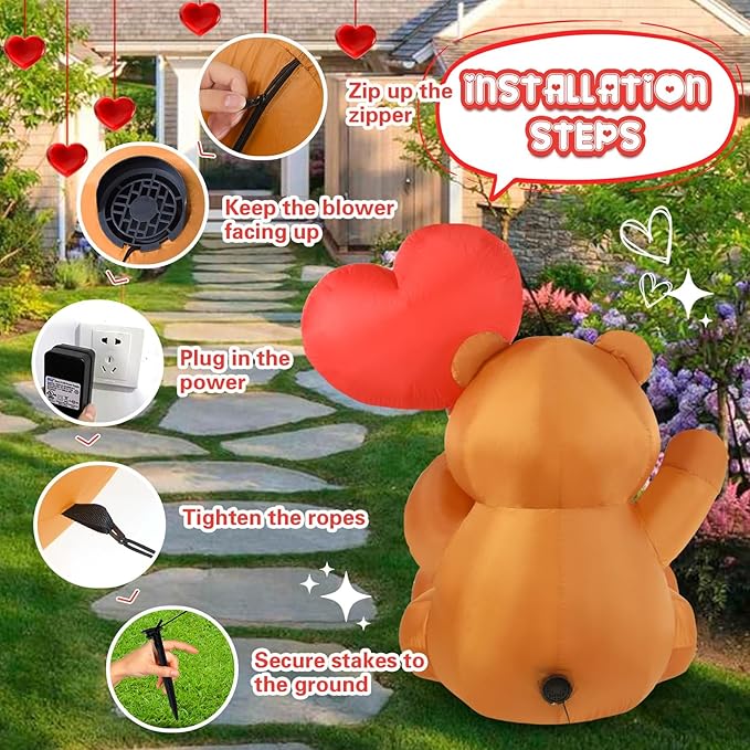 LETIME 4FT Valentines Day Inflatable Outdoor Decorations Bear Holding Heart Balloon LED Lighted Blow-up Yard Decor Romantic for Party Birthday Anniversary Wedding Propose