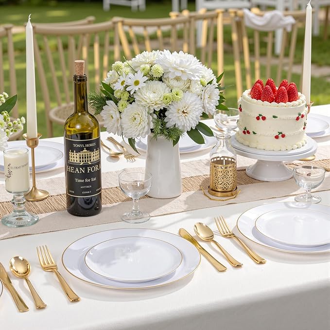 KIRE 175PCS Gold Plates Disposable - Heavy Duty White and Gold Plastic Plates Dinnerware Sets - 25 for Dinner 25 for Dessert 25 Pre Rolled Napkins and 25 Cups for Birthday/Valentine's Day/Wedding