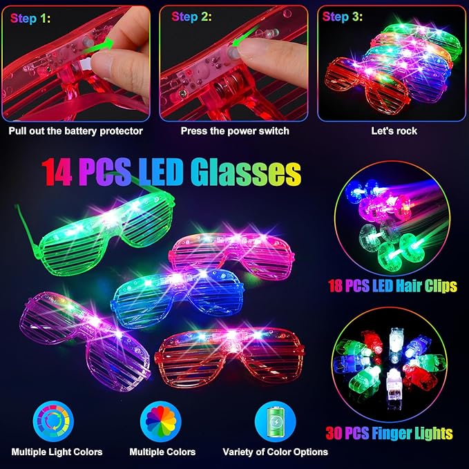 158 PCS Glow in the Dark Party Supplies, 14PCS LED Glasses, 30LED Finger Lights, 14LED Light Hairs and 100PCS Glow Sticks Bracelets, Neon Party Favors for Wedding, Concert, Birthday, New Year