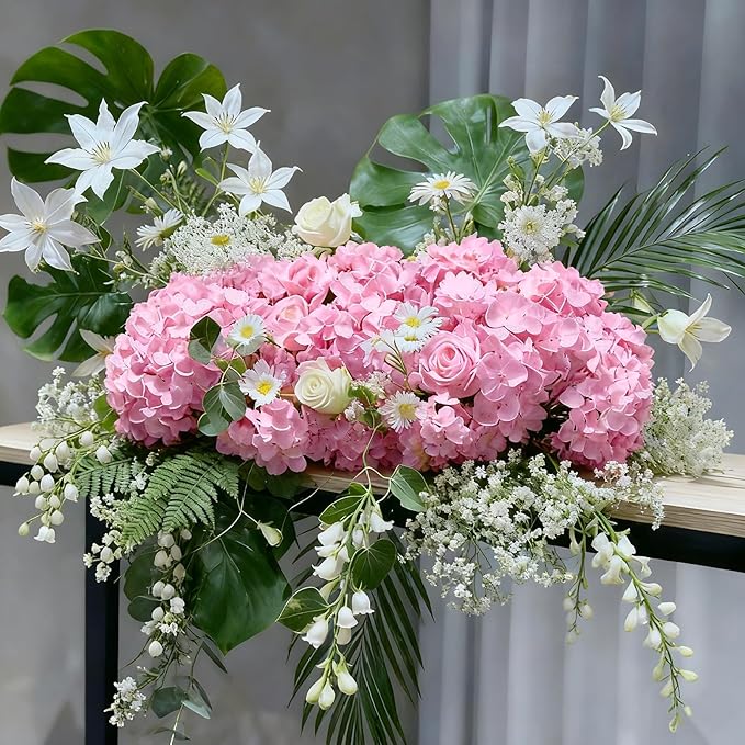 65Pcs Pink Hydrangea Artificial Flowers Bulk，Realistic Silk Fake Flowers with Stems，Faux Hydrangea Flowers for Wedding Home Decor Centerpieces Living Room Garden Party Baby Shower Decoration