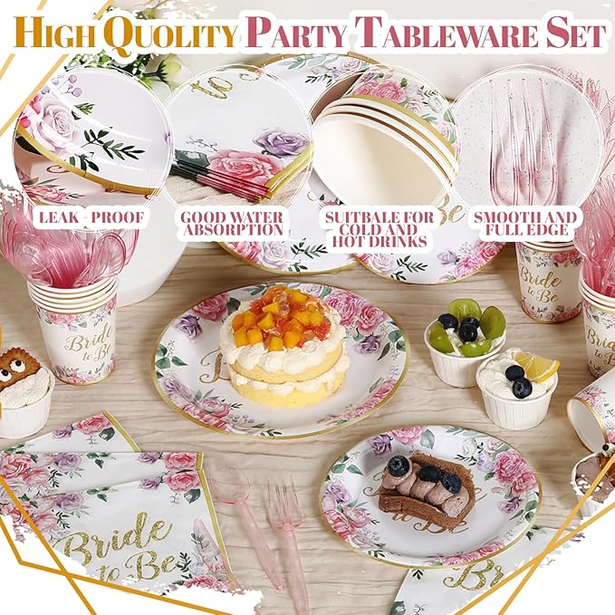 350PCS Floral Bridal Shower Decorations for 50 Guests Include Paper Plate, Napkin, Cup and Disposable Plastic Tableware