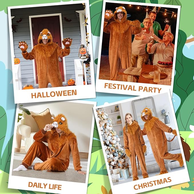 YuDanae Lion Costume Adult Animal Onepiece Unisex Lion Pajamas Halloween Party Onesie Cosplay Jumpsuit for Men Women