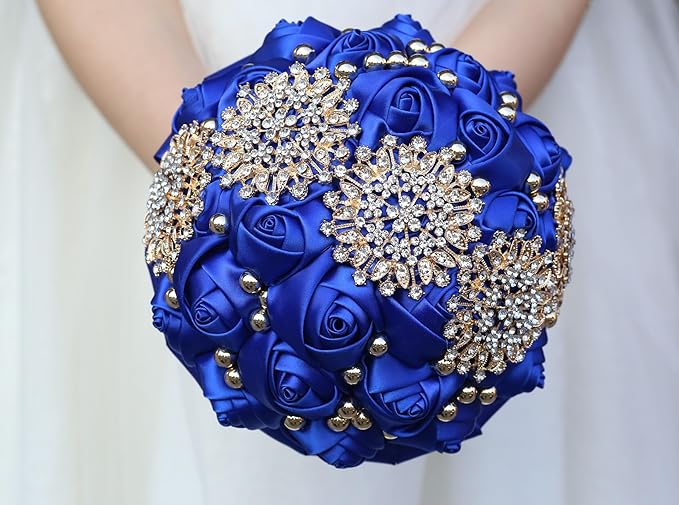 Royal Blue Bridal Wedding Bouquet with Bling Gold Rhinestone Pearl for Bride Bridesmaid Quinceanera Satin Rose Flower Brooch Bouquet Wedding Royal Blue 7.1in
