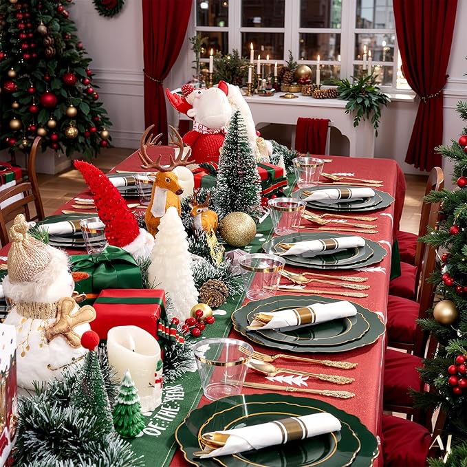 Liacere 175PCS Green Plastic Plates - Christmas Green Disposable With Gold Rim - 25Guest Baroque Plastic Dinnerware include 50Plates-25Pcs Pre Rolled Napkins with Silverware 25Cups for Christmas Day