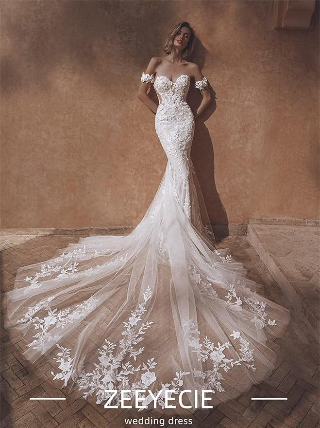 Zeeyecie Mermaid Tulle Wedding Dresses Lace Applique Corset V-Neck Sparkly Bridal Gowns with Train for Brides