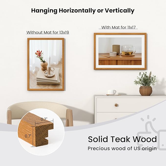 Axeman 13x19 Poster Frame - Solid Teak Wood 13x19 Picture Frame With Mat for 11x17, 13''x19'' Wood Frame, Tempered Glass Home Decor Hanging Frame, Natural Teak