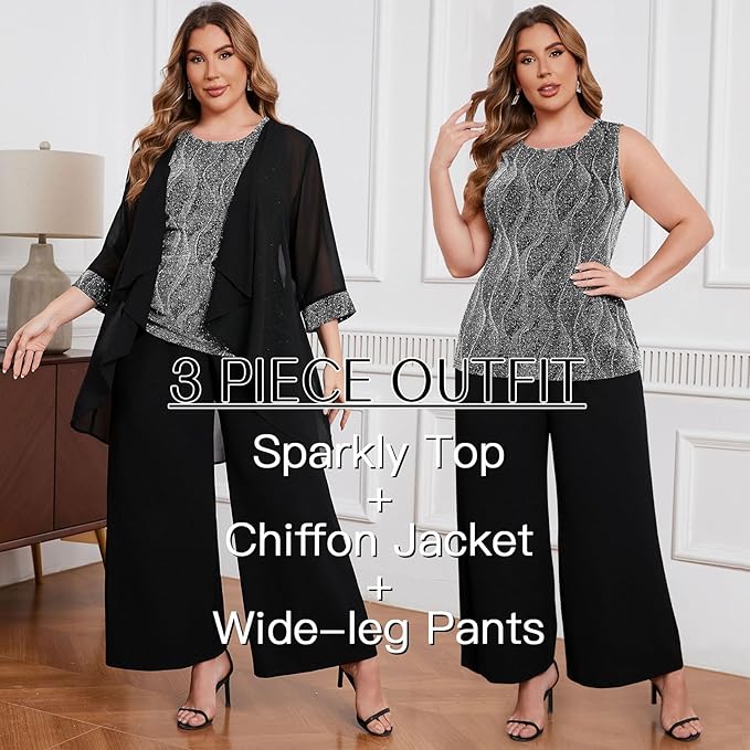ZOMVA Plus Size 3 Piece Formal Pantsuit Sparkly Chiffon Jacket Set Dressy Outfit Mother of The Bride Groom Wedding Cocktail