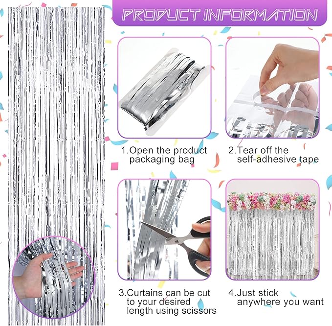 20 Pcs Silver Foil Fringe Backdrop 3.28 x 8.2 ft Metallic Tinsel Curtains for Christmas Party 2026 New Year Photo Birthday Wedding Baby Shower Bridal Photo Decor