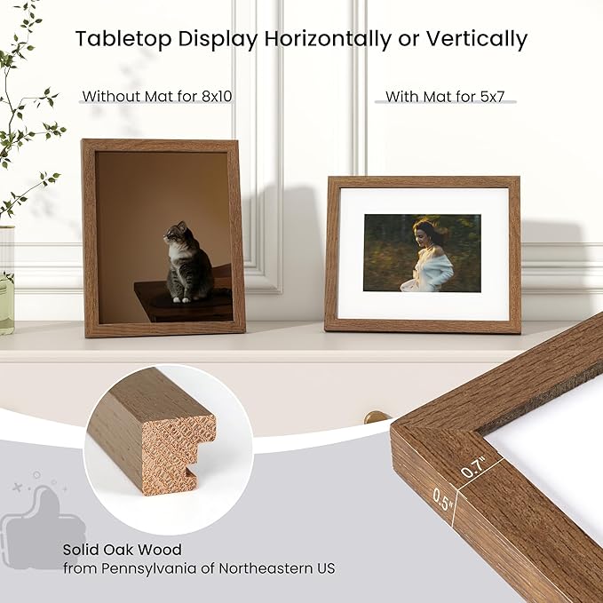 Axeman 8x10 Picture Frame - Solid Oak Wood 8''x10'' Frame With Mat For 5x7, 8 x 10 Photo Frame Wood, Plexiglass And Hanging Hardware Included, Wall And Tabletop Display, Walnut 3PCs