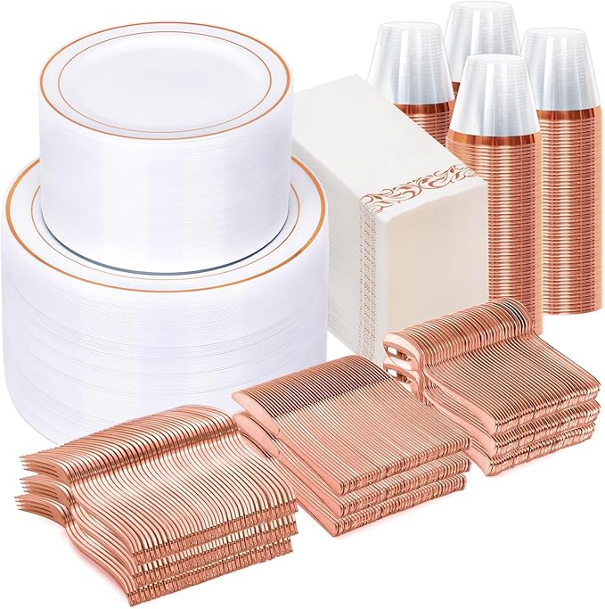 Sylans 700 Piece Dinnerware Set for Wedding & Party,100 Guest RimPlastic Plates,100 Plastic Silverware,100 Cups,100 Linen Like Napkins (Rose Glod) ypj