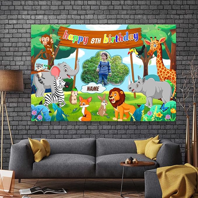 Custom Jungle Safari Happy Birthday Party Decorations Supplies Personalized Jungle Safari Animal Birthday Backdrop Banner(6x9ft)