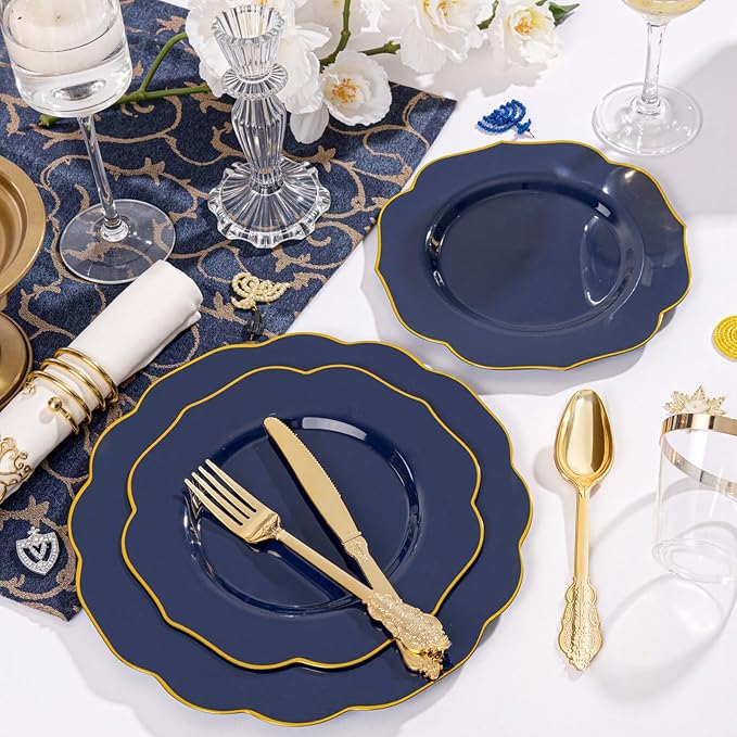 NOCCUR 175PCS Blue Plastic Plates with Disposable Silverware - Include 50 Blue Disposable Plates with Gold Rim,75 Gold Cutlery,25 Cups,25Napkins for Party/Wedding