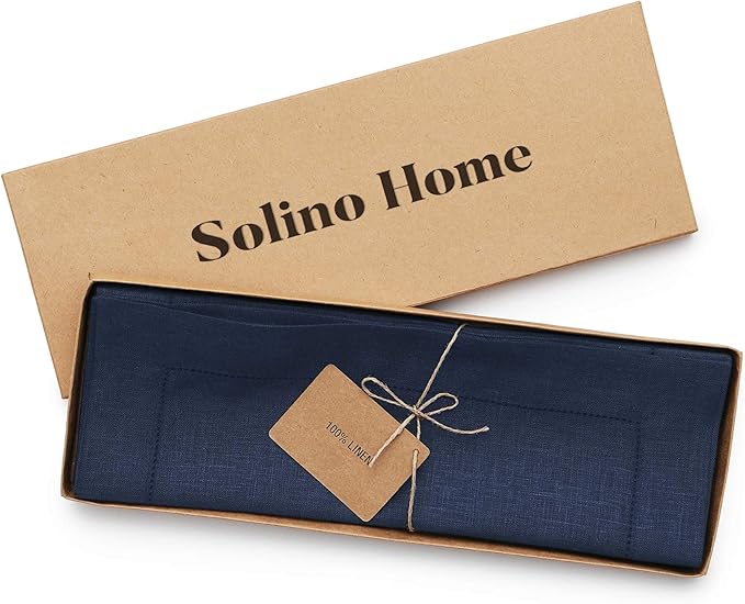 Solino Home Linen Cloth Placemats Set of 6-100% Pure Linen Hemstitch Navy Blue Placemats 14 x 19 Inch - Classic Hemstitch Table Place Mats for Winter, Easter