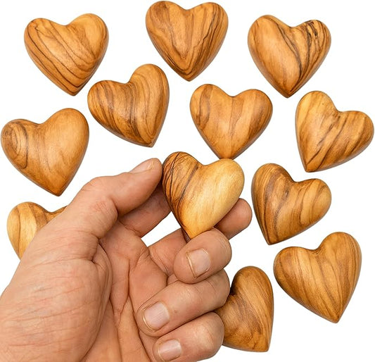 Zuluf Set of 10 Olive Wood Hearts 1.7 x 1.5 Bulk Pack Hand Carved Wooden Hearts Wedding Favors Party Pack Valentine Bowl Filler Rustic Home Decorations Handmade in Bethlehem w/Certificate
