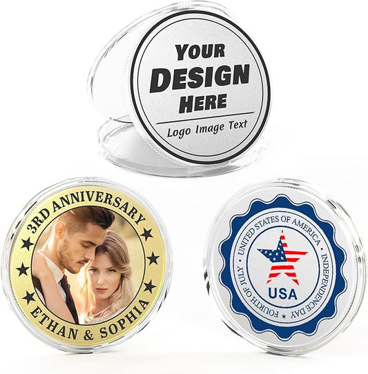 10 Custom Challenge Coins, Personalized Commemorative Coins with Logo Photo Text, Custom Memorial Gifts for Company Military Family Colleague Anniversary Wedding Couple Pocket Hug Tokens (Silver)