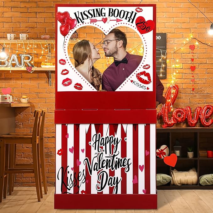 Valentine's Kissing Booth 54 x 28 in Valentines Photo Prop Kissing Booth Stand Cardboard Cutout Decorative Sign for Carnival Romantic Wedding Party Outdoor Decorations(Classic)