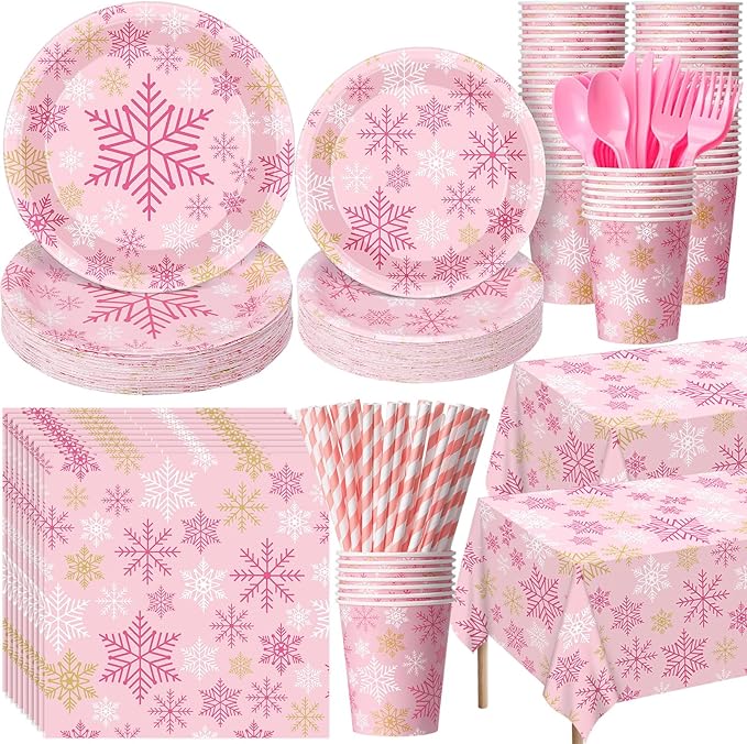 452 Pcs Pink Snowflake Party Decoration for 50, Pink Gold Winter Snowflake Paper Plates Napkins Cups Tablecloth Cutlery Straws for Winter Baby Shower Wonderland Birthday Supplies