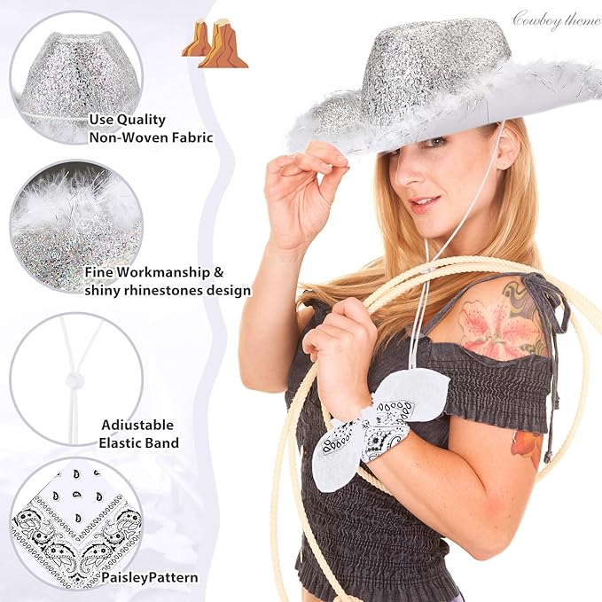 Coume 12 Pcs Sparkly Adults Cowboy Hat and Bandanas Women Men Western Glitter Cowgirl Party Hats with Adjustable Drawstring