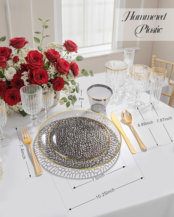 Hioasis 175pcs Black Gold Plastic Plates - Black Plastic Dinnerware Set Includes 25 Dinner Plate, 25 Dessert Plate, 25 Cups, 25 Napkins Perfect for Wedding & New Year