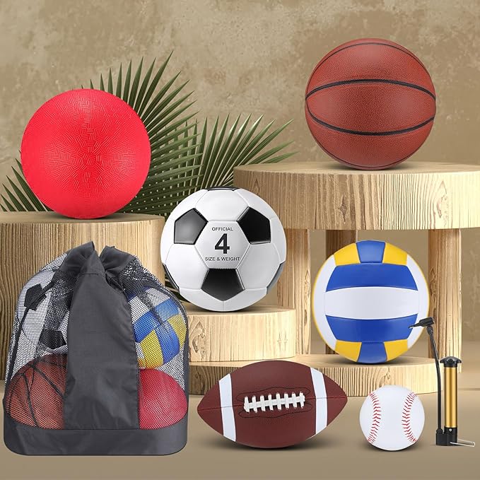 Deekin 12 Pcs Assorted Sport Ball Set for Kids Official Size Basketball Football Volleyball Soccer Baseball Playground Ball with Bag and Pump for Valentine's Kid Youth Gift