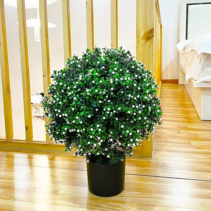 Sunnyglade 21.6” Tall Artificial Jasmine Topiary Ball Tree Set of 2 Pack Potted Bushes UV Resistant Potted Plants for Indoor Outdoor Home Garden (White)