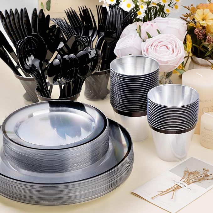 Beststar 350PCS Black and Clear Plastic Dinnerware Sets for 50 Guests, Include 100 Black Disposable Plates, 100 Forks, 50 Knives, 50 Spoons, 50 Cups,Halloween