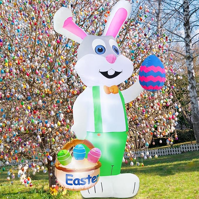 TURNMEON 8 Feet Giant Bunny Easter Inflatables Outdoor Decoration, Lighted Blow up Rabbit Holds Easter Eggs Basket with Tether Stakes LED Light Easter Decor Home Yard Lawn Garden Party Easter Egg Hunt