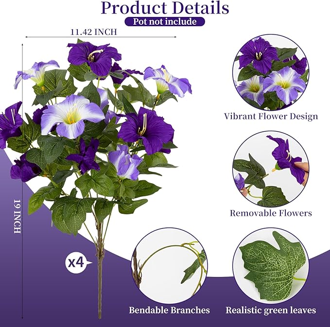 19 Inch Artificial Fake Flowers for Outdoor,4 Pcs Faux Silk Petunias Spring Flowers for Outside for Indoor Porch Planter Front Door Garden Patio Window Box Home Decor(Double Purple)
