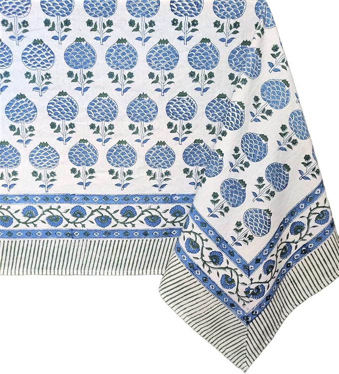 ATOSII Roma Blue 100% Cotton Boho Rectangle Fall Tablecloth, Handblock Floral Print Table Cloth Linen for Kitchen Dining I Parties, Outdoors, Weddings, Christmas, Thanksgiving Decor 60 X 108 Inches