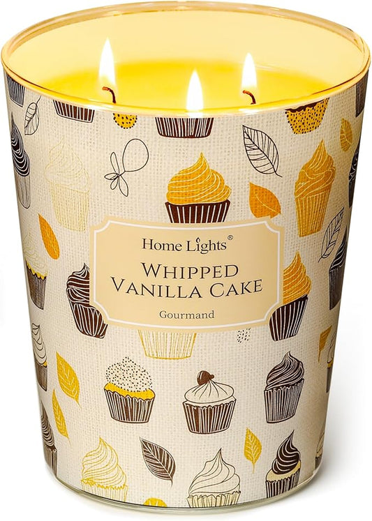 HomeLights Scented Candles | Large Jar 34 Oz Natural Soy Candle | 130 hrs Long-Lasting with 3 Wicks | Rustic Modern for Home Decor | Gifts for Mom & Women, Whipped Vanilla Cake