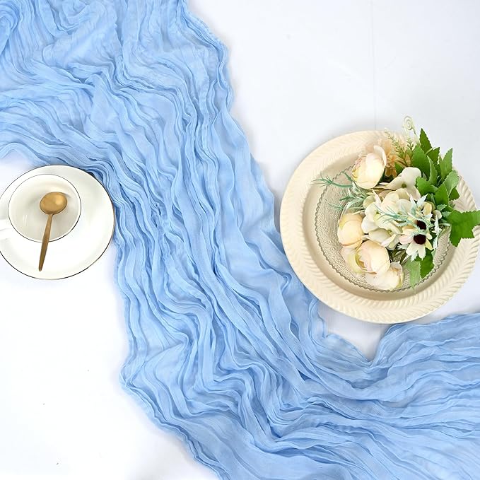15 Pack Light Blue Cheesecloth Table Runner 17 x 108 Inch Fall Thanksgiving Boho Rustic Farmhouse Gauze Cheese Cloth Runner for Wedding Party Baby Shower Home Decor Holiday Decorations