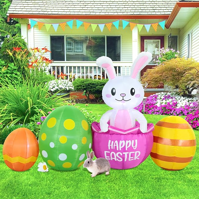7FT Long Easter Inflatable Bunny Outdoor Decorations with Eggs, Build-in LED Lights Holiday Blow Up Yard Decoration, for Easter Holiday Party, Outdoor,Garden, Yard Lawn Décor