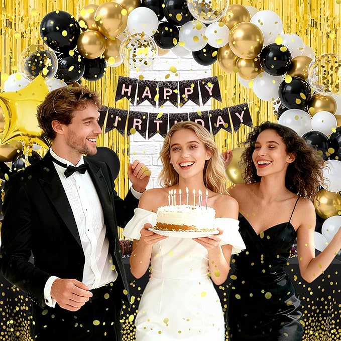 140 Pcs Black And Gold Birthday Decorations For Men And Women,Balloon,Happy Birthday Banner,Fringe Curtains,Cake Topper,Plates,Cups, For 25 Guests