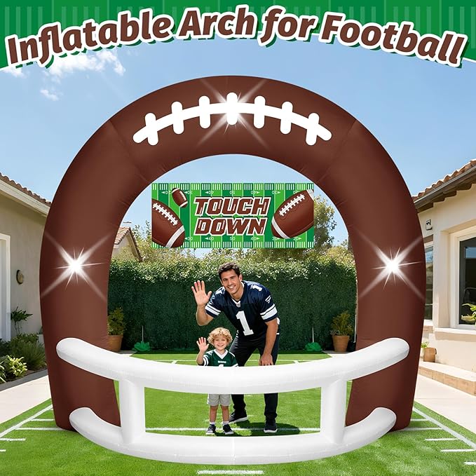 8FT Brown and White Football Helmet Inflatable Arch with Game Day Banner, Giant Outdoor Blow Up Football Helmet with Built-in 3 LED Lights for Football Themed Birthday Party Lawn Yard Decoration