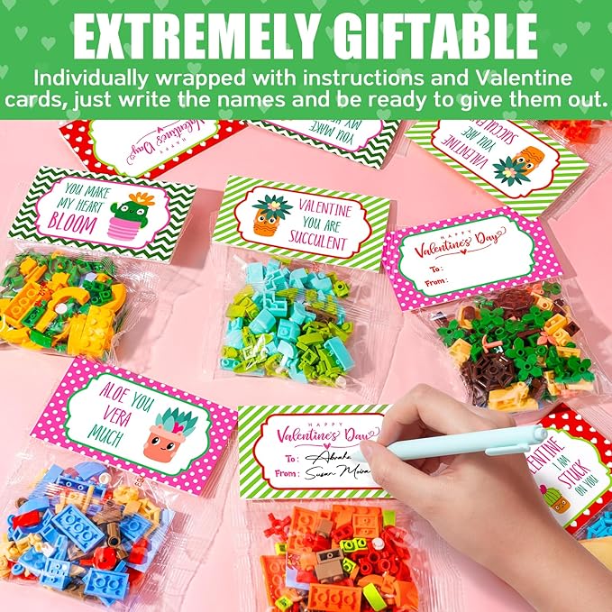 Valentines Day Gifts for Kids - 24 Packs Succulents Building Blocks with Valentines Day Cards for Kids School Boys Girls, Artificial Botanical Toy Exchange Gifts Classroom Prizes Party Favor