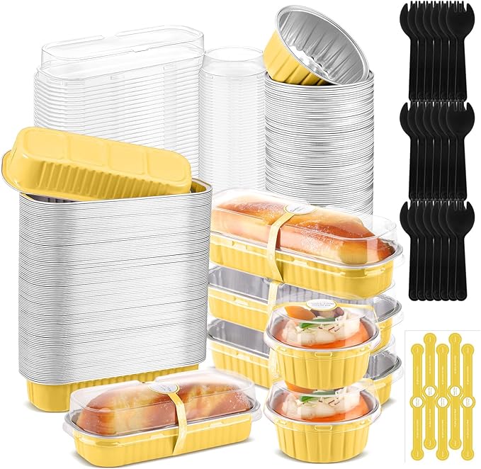 Suclain 600 Pcs Mini Loaf Pans with Lids and Spoons Sealing Stickers 6.8oz Disposable Aluminum Foil Muffin Baking Pans 5oz Cupcake Cups Cake Containers for Mothers Day Holidays Party Picnics(Gold)