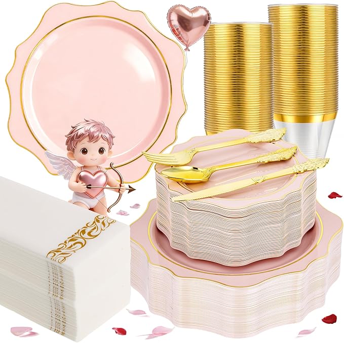 350 PCS Pink and Gold Plastic Plates, Gold Disposable Plates for 50 Guests, Includes 100 Disposable Plates, 50 Cups, 150 Silverwares, and 50 Napkins for Party, Wedding and Graduation
