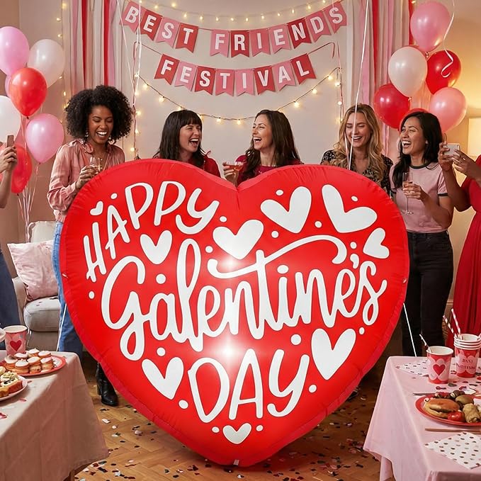 VIHOSE Happy Galentines Day Inflatables Decorations 4.3 ft Pink Galentines Day Blow up Decor Heart LED Lights Inflatable Decor for Ladies Girls Friends Valentine Party Photo Props
