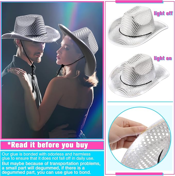 Kigeli 10 Pcs Lights LED Cowboy Cowgirl Hat LED Flashing Hat Cowgirl Hat for Western Cowboy Role Play(Silver,Sequin)
