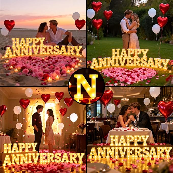Happy Anniversary Decorations, Light up Letters Sign, with Rose Petals, Round Pearlescent Balloon, Aluminum Balloons, Light LED Neon, Table Decor for Valentine's Day Wedding Romantic Party