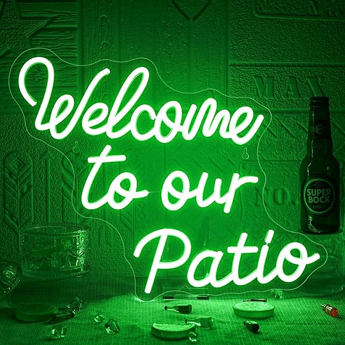 Welcome to Our Patio Neon Sign Green Led Light Plants Neon Signs for Wall Decor Bar Outdoor Light Up for Cafe Business Backyard Terrace Home Garden Party Decoration Jungle Lovers Gifts