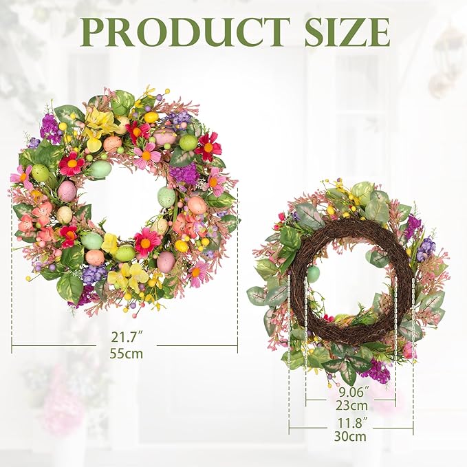 Briful Easter Wreath, 21.7'' Colorful Artificial Door Wreaths with Easter Eggs, Floral Wreaths for Fireplace Mantle Decor, Farmhouse Home Wall Window Decorations