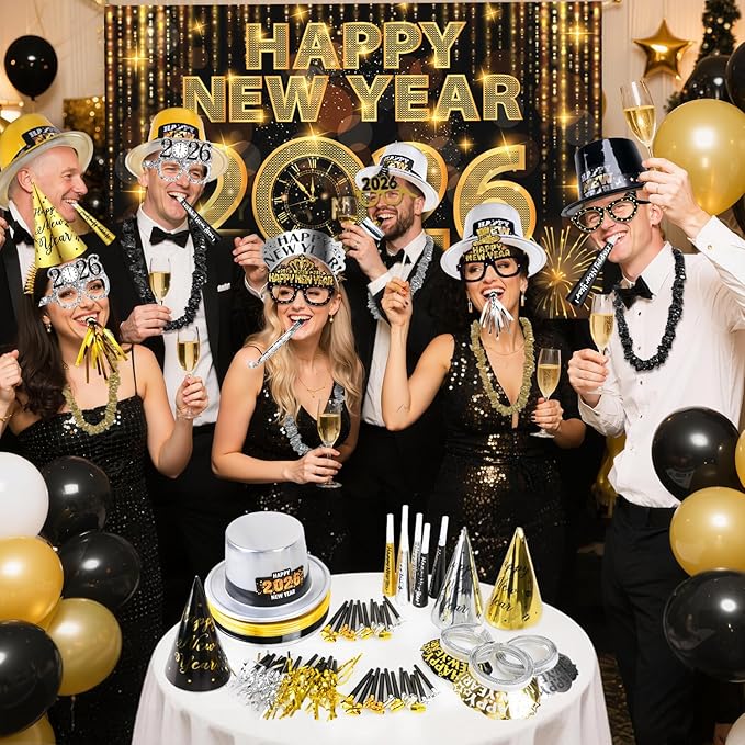 MOVINPE 2026 New Years Eve Party Supplies Bulk Serve 120 - New Year's Banner Backdrop Top Hats, Cone Hats, Tiara, Glasses, Leis, Horns, Blowouts, Noiese Makers, Event Party Favors