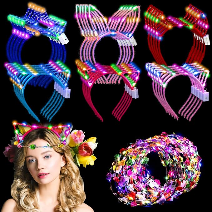 Xinnun 50 Pcs LED Cat Ear Headbands Bulk, Light up Flower Headband Glow Crown Rabbit Ear Head Accessories for Glow in the Dark Party for Valentine's Day Easter Mardi Gras Carnival Bachelorette