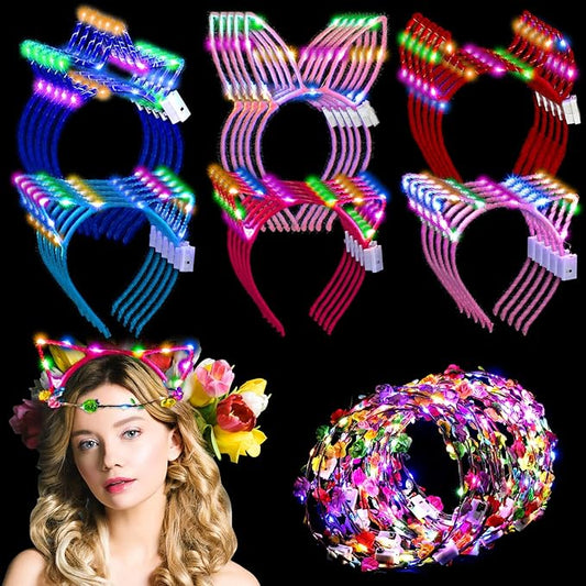 Xinnun 50 Pcs LED Cat Ear Headbands Bulk, Light up Flower Headband Glow Crown Rabbit Ear Head Accessories for Glow in the Dark Party for Valentine's Day Easter Mardi Gras Carnival Bachelorette