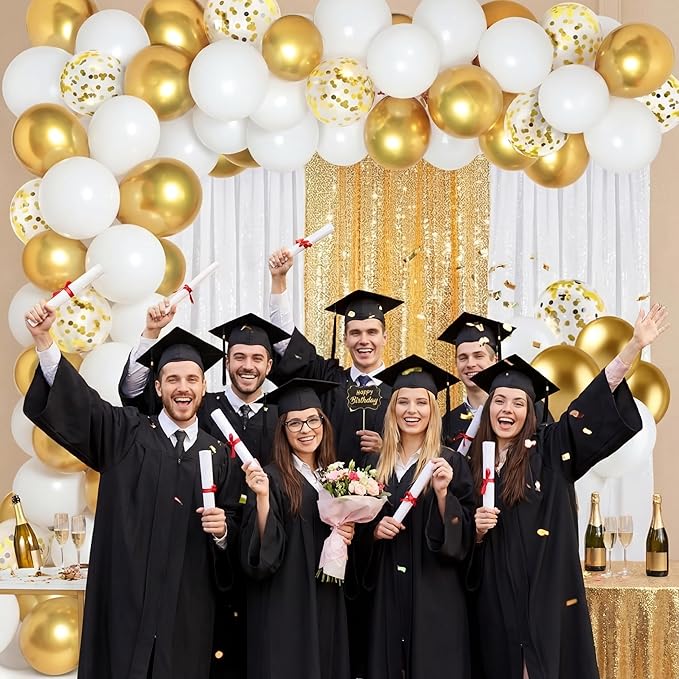 137 Pcs White Gold Party Backdrop Kits - 4 Sequin Backdrop Curtain 133 Balloon Garland Kit Photo Prop Background for Engagements Bridal Shower Graduation Anniversary Party Decoration