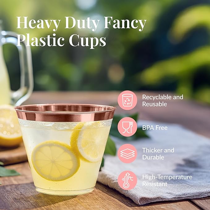 Prestee 200 Rose Gold Plastic Cups, 9oz – Elegant Hard Disposable Tumblers for Wine, Cocktails & Beverages – Clear Plastic Cups with Rose Gold Rim – Bulk Party Drinkware for Weddings, Holidays & Event
