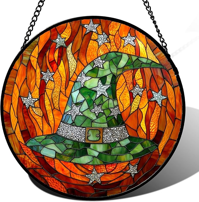 Stained Glass Window Hanging - Halloween Decorations Witch Hat Suncatcher for Doors Garden Indoor Spooky Funny Green Sun Catchers Gothic Decor Horror Gifts for Women Men Friend 9.8 in