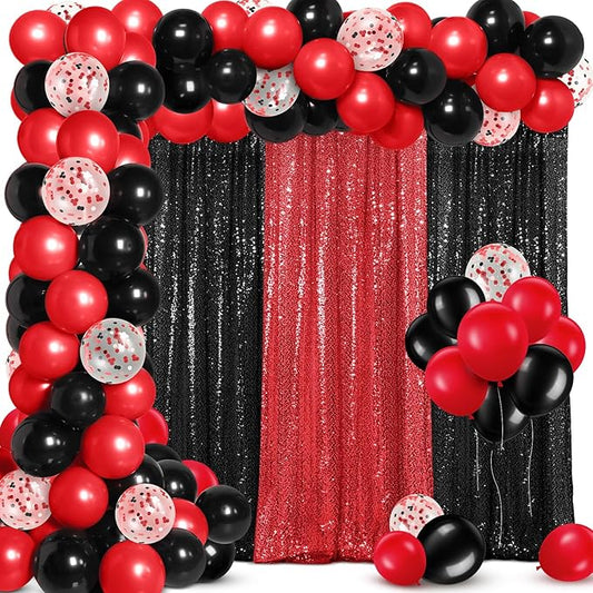 137 Pcs Red Black Party Backdrop Kits, 4 Sequin Backdrop Curtain 133 Balloon Arch Kit Garland Photo Background for Christmas 2026 New Year's Eve Anniversary Birthday Movie Night Decor